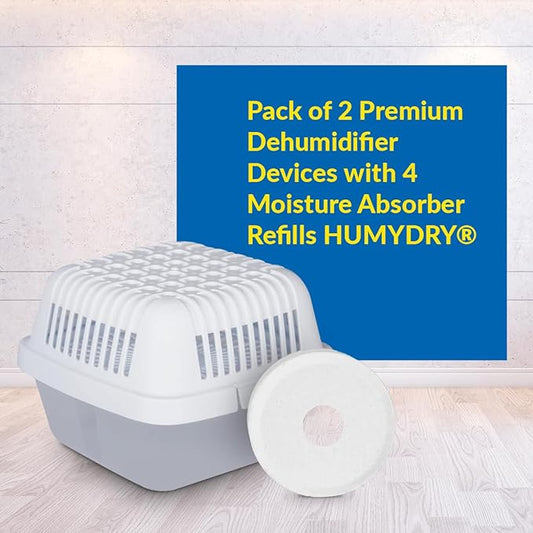 HUMYDRY Moisture Absorber Dehumidifier for Home, Smart Pack of 2 Dehumidifiers of 15.9oz with 4 Refills, No Electricity, Reusable Moisture Absorbers for Bedroom, Kitchen, Safes, RV, Boat, Basements