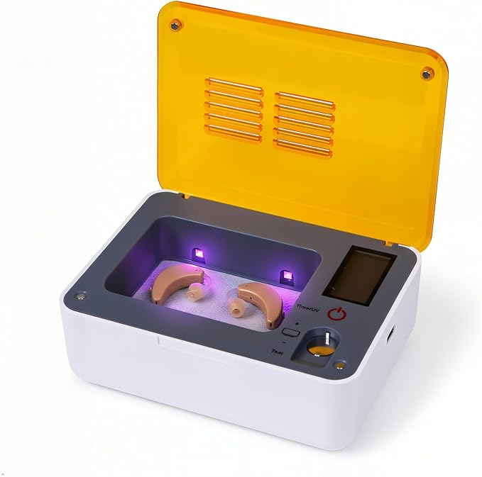 4 Ultraviolet Light Hearing Aid Dryer, Dehumidifier Accessory | Sweat & Moisture Removes from Hearing Aids, Wireless Earbuds, Hearing Aids Battery Gauge, UV-C High Efficiency Kit for Daily Use