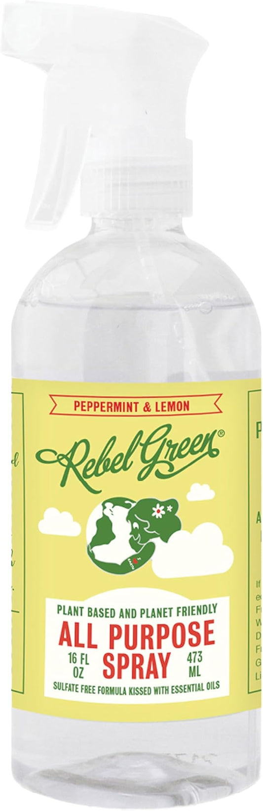 Rebel Green Natural All-Purpose Cleaning Spray - Plant-Based Multi-Surface Cleaner with Essential Oils for Kitchen, Bath, Countertops and More - Peppermint & Lemon Scent - 16 oz - 1 Pack