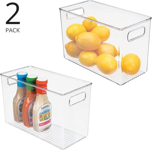 mDesign Plastic Modern Kitchen, Pantry Food Storage Container Bin w/ Handles - Cabinet, Fridge/Freezer, Countertop Organizer - Snacks/Drink/Appliances; Ligne Collection, Clear, 12x6x7.75 (Pack of 2)