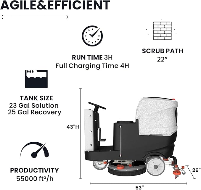 Micro Ride-On Floor Scrubber Dryer Kit, 22" Clean, 25 Gal, up to 55,000 ft²/h, Lithium Battery, Fast Charge, All Parts, Commercial Floor Cleaning for Daily Maintenance in Airport, Mall, School