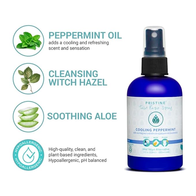 PRISTINE Toilet Paper Spray - As Seen on Shark Tank, More Natural Personal Cleansing Wipes & Flushable Wet Wipes Alternative, Spray Toilet Paper to Create Flushable Wipe, Cooling Peppermint, 4 fl oz