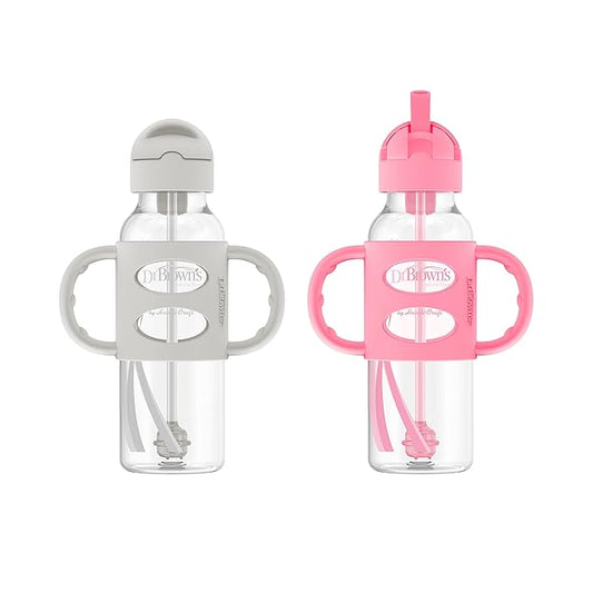 Dr. Brown's Milestones Narrow Sippy Straw Bottle, Spill-Proof with 100% Silicone Handles and Weighted Straw, 8 oz/250 mL, Gray/Pink, 6m+