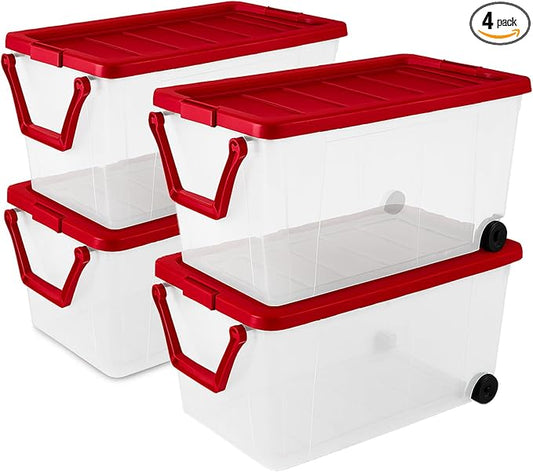Sterilite 4 Pack Wheeled Storage Box, Large Clear Plastic Container, Durable Home Organizer with Red Lid and Rotating Handle, 160 Quart