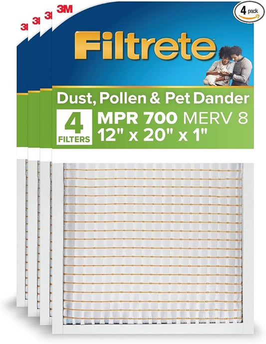 Filtrete 12x20x1 AC Furnace Air Filter, MPR 700, MERV 8, Tough on Pollen, Easy on Airflow, 3-Month Pleated 1-Inch Electrostatic Air Cleaning Filter, 4-Pack (Actual Size 11.81 x 19.81 x 0.81 in)