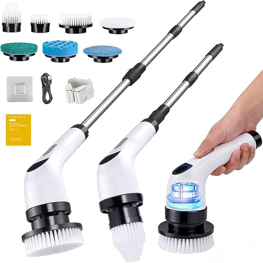 Electric Spin Scrubber for Cleaning, Adjustable Shower Brush with 7 Replaceable Heads & Power LED Display, 2 Speed Waterproof Cordless Shower Scrubber for Bathtub, Kitchen, Car, White