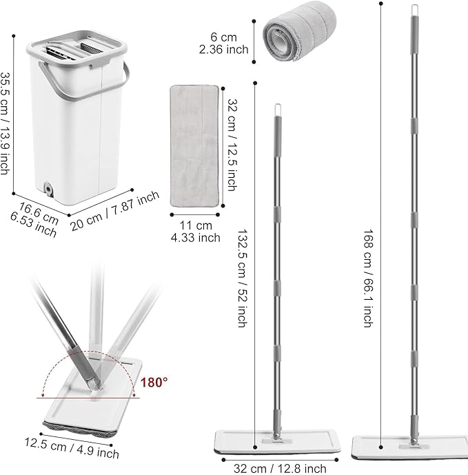 Flat Floor Mop and Bucket Set with Wringer, Flat Mops for Floor Cleaning, Wall Mop Cleaner with Long Handle, Hardwood Floor Mop with 3 Microfiber Pads (F)
