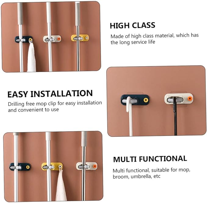 ABOOFAN 4pcs Self-adhesive Mop Broom Holder Wall-mounted Storage Rack Microfiber Fixator No Drilling in Yellow Orange Blue Beige