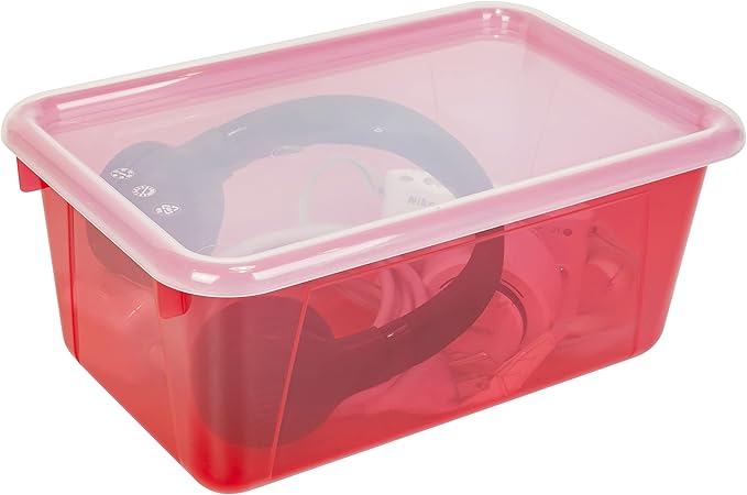 Storex Small Cubby Bins – Plastic Storage Containers for Classroom with Non-Snap Lid, 12.2 x 7.8 x 5.1 inches, Tint Red, 5-Pack (62481U05C)