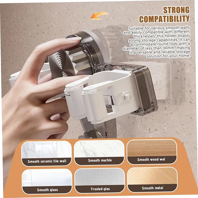 Broom and Mop Holder Wall Mount 2PCS Suction Cup Organizer with Retractable Rack No Drill Bathroom Storage Transparent Clear