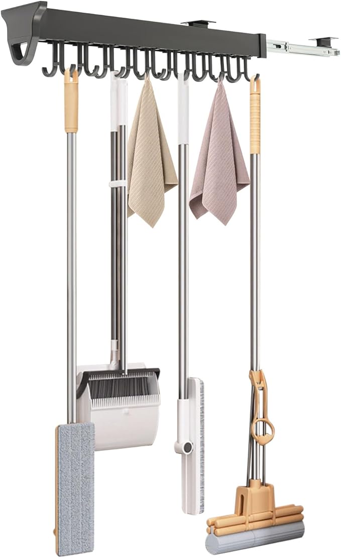 Pull Out Broom Holder Wall Mount, 20-Hook Slide Rail Organizer with Damping System, 66lb Heavy Duty Brooms and Mops Pull Out Storage Rack for Brooms/Mops/Clothes, Laundry Room & Kitchen, Black