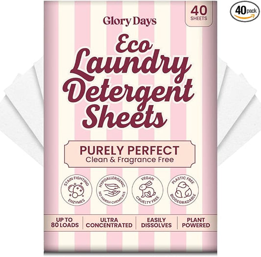 Glory Days Eco Laundry Detergent Sheets Strips – Purely Perfect (Fragrance-Free) | 40 Sheets = Up to 80 Loads | Enzyme-Powered, Plastic-Free, Hypoallergenic | HE, Top & Front Loader | Travel-Friendly
