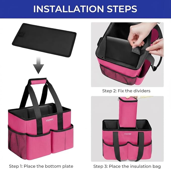 Ytonet Cleaning Caddy, Water Resistant Cleaning Supplies Organizer with Handle & Foldable Divider for Cleaners, Housekeeping Tote for Kitchen & Bathroom, Car Tool Caddy Organizer Bag, Rosered