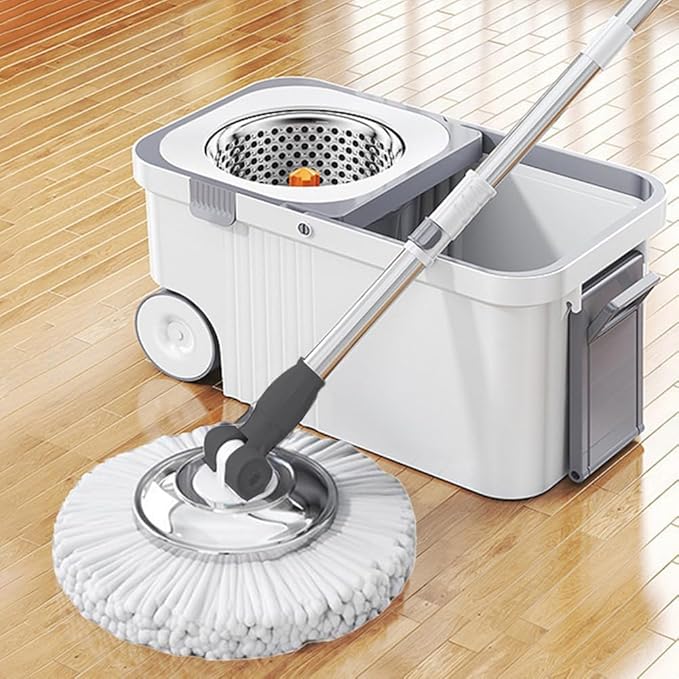 360 Spinning Floor Cleaning System with 6 Extra Refills Heads Extended Handle Household Cleaning Automatic Hand-Free Automatic Dehydration Mop for Household Floor Cleaning (White Blue)