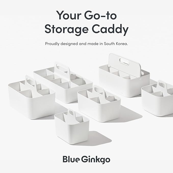BLUE GINKGO Stackable Organizer Caddy – Korean-Made Portable Tote for Bathroom, Office, Crafts, or School Supplies (Long Rectangle, White)