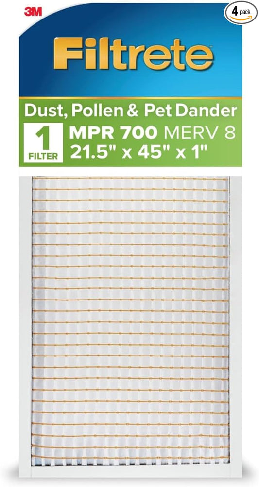 Filtrete 21.5x45x1 AC Furnace Air Filter, MERV 8, MPR 700, Tough on Pollen, Easy on Airflow, 3-Month Pleated 1-Inch Electrostatic Air Cleaning Filter, 4-Pack (Actual Size 21.31 x 44.81 x 0.65 in)