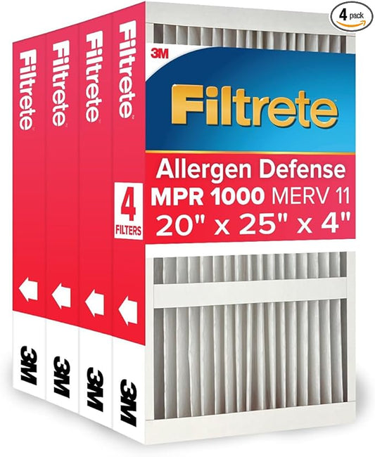 Filtrete 20x25x4 AC Furnace Air Filter, MPR 1000, MERV 11, Fits Honeywell & AprilAire Space-Gard, Allergen Defense, Electrostatic Air Cleaning Filter, 4-Pack (actual size 19.88 x 24.63 x 4.31)
