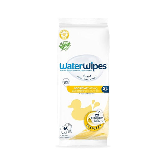 WaterWipes Sensitive+ Bathing Wipes, 3-In-1 Cleans, Cares, Protects, 99.9% Water, Unscented & Hypoallergenic, 16 Count (6 Pack)