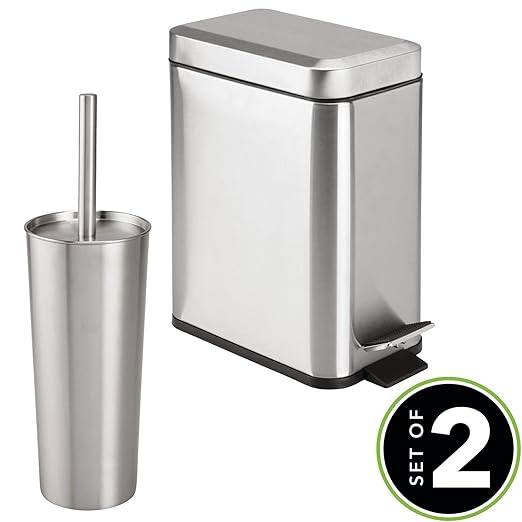 mDesign Metal Freestanding Slim Toilet Bowl Brush and Holder + Rectangle Narrow 5 Liter / 1.3 Gallon Step Pedal Trash Can Wastebasket for Bathroom - Small, Compact Design - Set of 2 - Brushed/Chrome