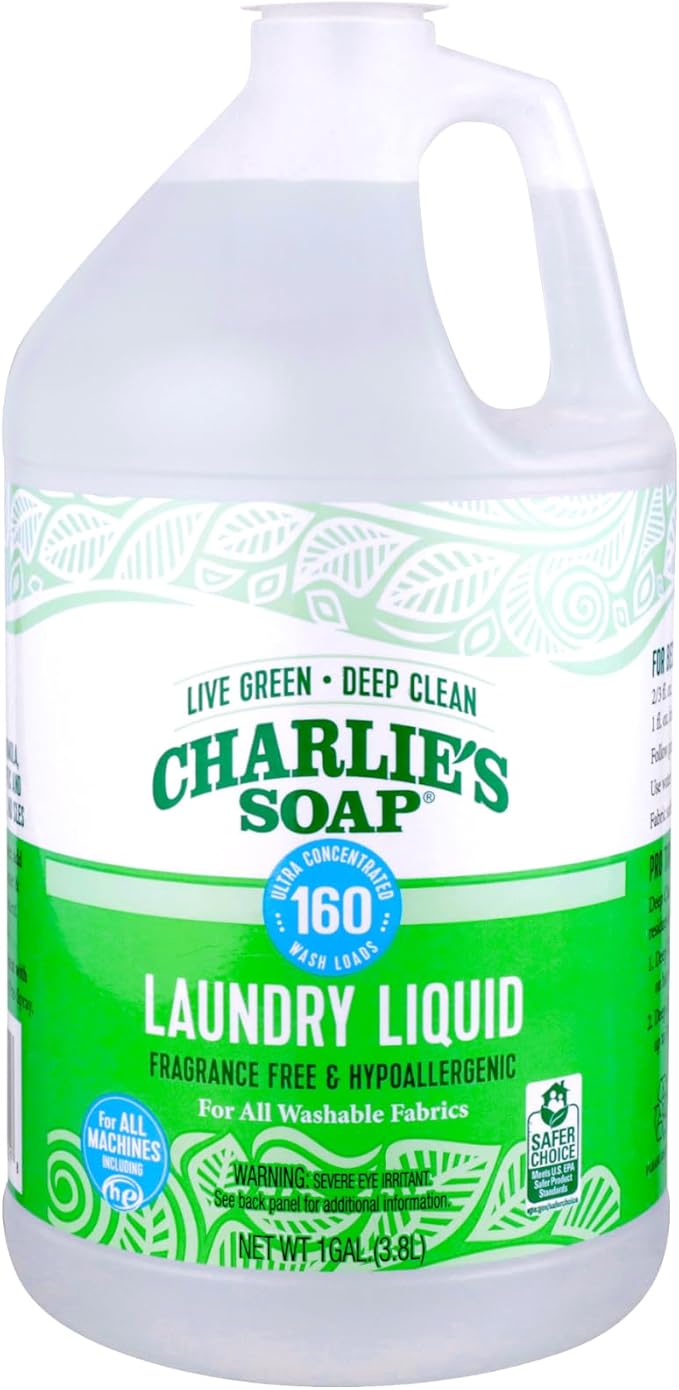 Charlie’s Soap – Fragrance-Free Laundry Liquid detergent – 160 Loads (128 oz, 1 Pack)