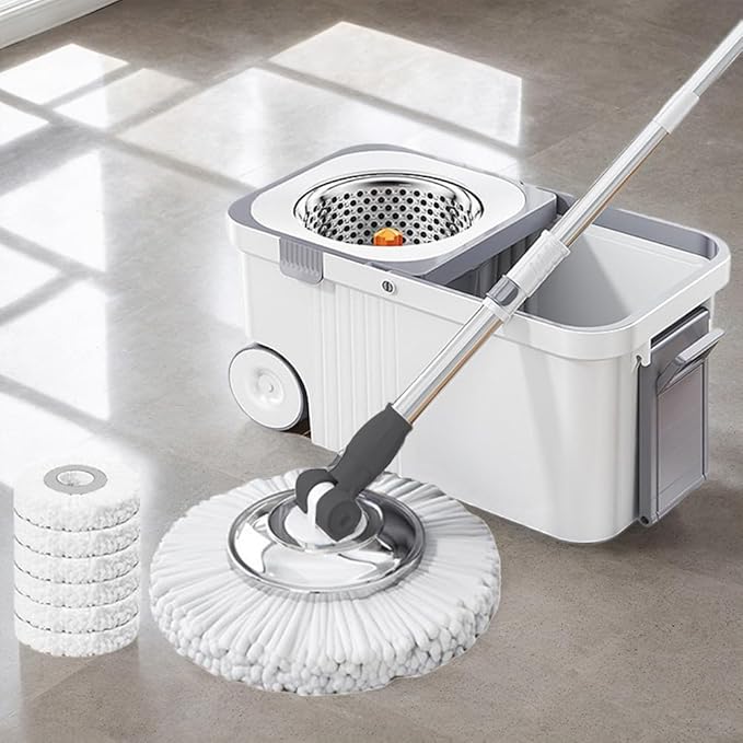 360 Spinning Floor Cleaning System with 6 Extra Refills Heads Extended Handle Household Cleaning Automatic Hand-Free Automatic Dehydration Mop for Household Floor Cleaning (White Blue)