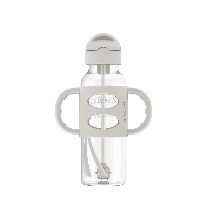 Dr. Brown's Milestones Narrow Sippy Straw Bottle, Spill-Proof with 100% Silicone Handles and Weighted Straw, 8 oz/250 mL, Blue/Gray, 6m+