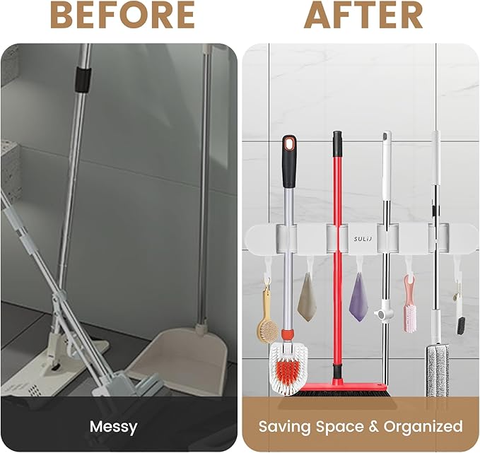 2Pcs Broom Holder Wall Mount, No-Drilling Self-Adhesive Mop and Broom Storage Rack with Hooks (4 Racks with 5 Hooks), Wall-Mounted Broom Hanger for Bathroom, Kitchen, Closet, Garage, White ﻿