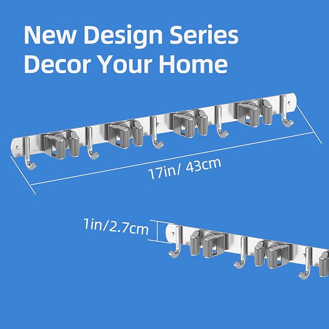 Broom and Mop Holder Wall Mount, Broom Organizer Wall Mount, Stainless Steel Broom Hanger for Home，Kitchen ，Garden，Laundry Garage (4 Racks with 5 Hooks)