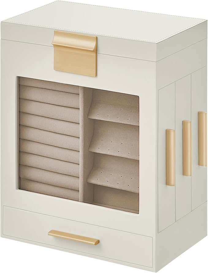 SONGMICS Jewelry Box with Glass Window, 5-Layer Jewelry Organizer with 3 Side Drawers, Jewelry Storage, with Big Mirror, Modern, 5.1 x 7.9 x 9.7 Inches, Cloud White and Metallic Gold UJBC172W01
