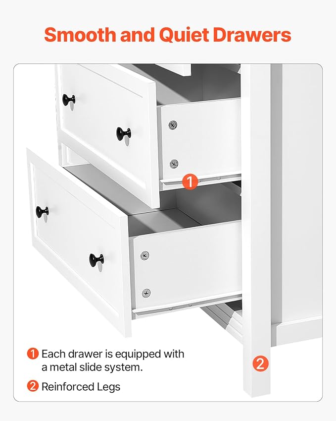 VEVOR 6 Drawer White Dresser, Wood Dresser Chest of Drawers with Middle Sliding Leg, Closet Storage Clothes Organizer for Bedroom, Living Room, Hallway, Entryway, Wide Drawer with Metal Handles