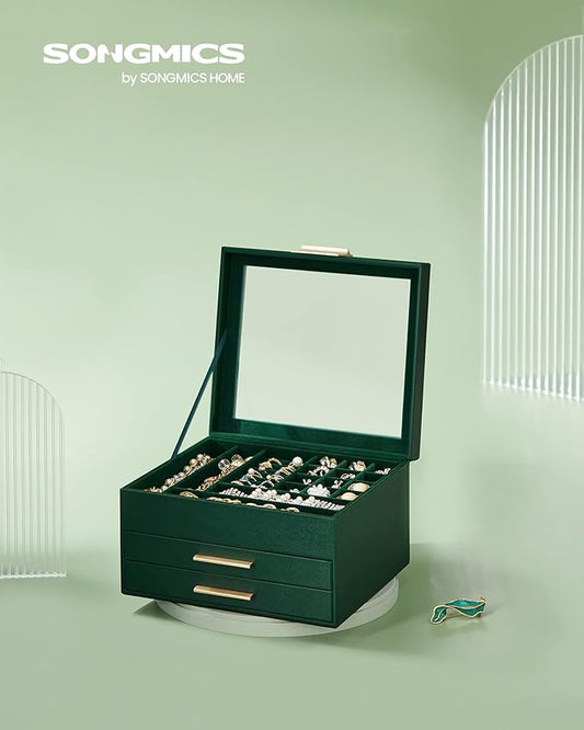 SONGMICS GISELLA Collection - Jewelry Box Organizer, 3-Layer Jewelry Storage with 2 Drawers, Shiny Metal Hardware, Glass Lid, Modern, 8 x 9.1 x 5.3 Inches, Forest Green and Gold Color UJBC239C01