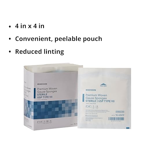 McKesson Premium Woven Gauze Sponges, Sterile, 12-Ply, USP Type VII, 100% Cotton, 4 in x 4 in, 1 per Pack, 50 Packs