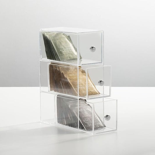 mDesign Plastic Kitchen Pantry Stackable Storage Organizer Container Station with 3 Drawers for Cabinet, Countertop, Holds Coffee, Tea, Sugar Packets, Creamers - Lumiere Collection - 2 Pack - Clear