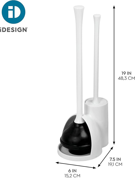 iDesign Una Plastic Toilet Bowl Brush and Plunger Combo Set for Bathroom Cleaning and Storage, White