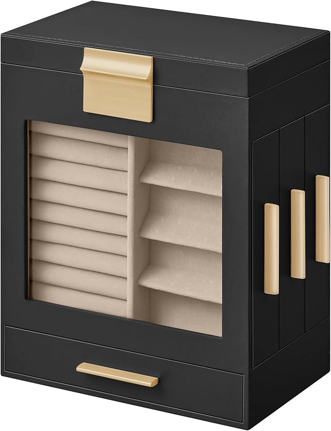 SONGMICS Jewelry Box with Glass Window, 5-Layer Jewelry Organizer with 3 Side Drawers, Jewelry Storage, with Big Mirror, Modern, 5.1 x 7.9 x 9.7 Inches, Ink Black and Metallic Gold UJBC172B01