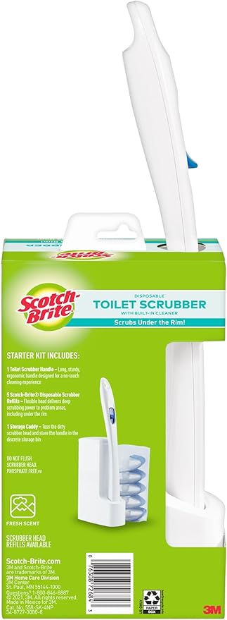 Scotch-Brite Disposable Toilet Scrubber Starter Kit, Disposable Refills with Built-In Bleach Alternative, Includes 1 Handle, Storage Caddy and 5 Refills