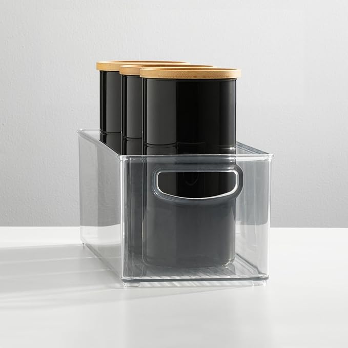 mDesign Plastic Video Game and DVD Storage Organizer - Game and Movie Disc Holder Bin with Handles for Home Media Console Stand and Closet Shelf - Ligne Collection - 4 Pack - Clear