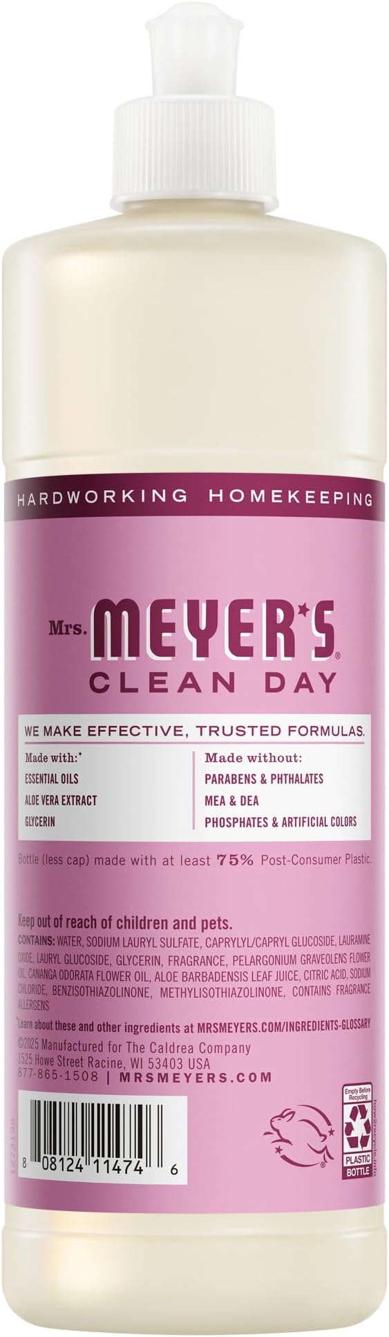 MRS. MEYER'S CLEAN DAY Liquid Dish Soap, Peony Scent, 16 Fl Oz Bottle - 3 Pack