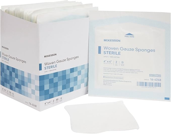 McKesson Woven Gauze Sponges, Sterile, 8-Ply, 100% Cotton, 4 in x 4 in, 2 per Pack, 50 Packs, 100 Total