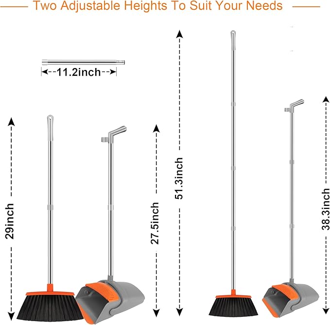 Broom and Dustpan Set for Home, Broom with Dustpan Combo Set, 51" Long Handle Dust Pan Set for Household
