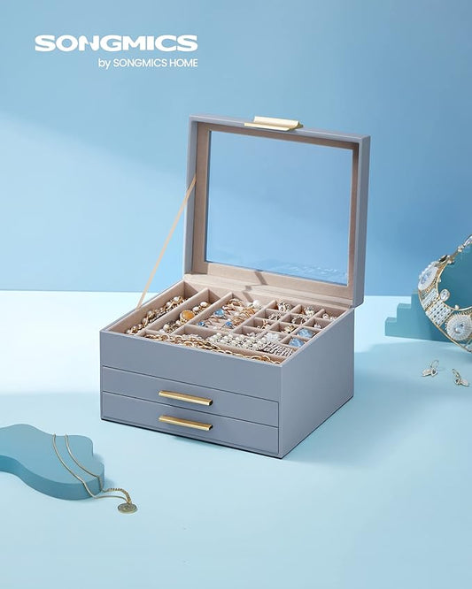 SONGMICS GISELLA Collection - Jewelry Box Organizer, 3-Layer Jewelry Storage with 2 Drawers, Shiny Metal Hardware, Glass Lid, Modern, 8 x 9.1 x 5.3 Inches, Smoky Blue and Gold Color UJBC239Q01