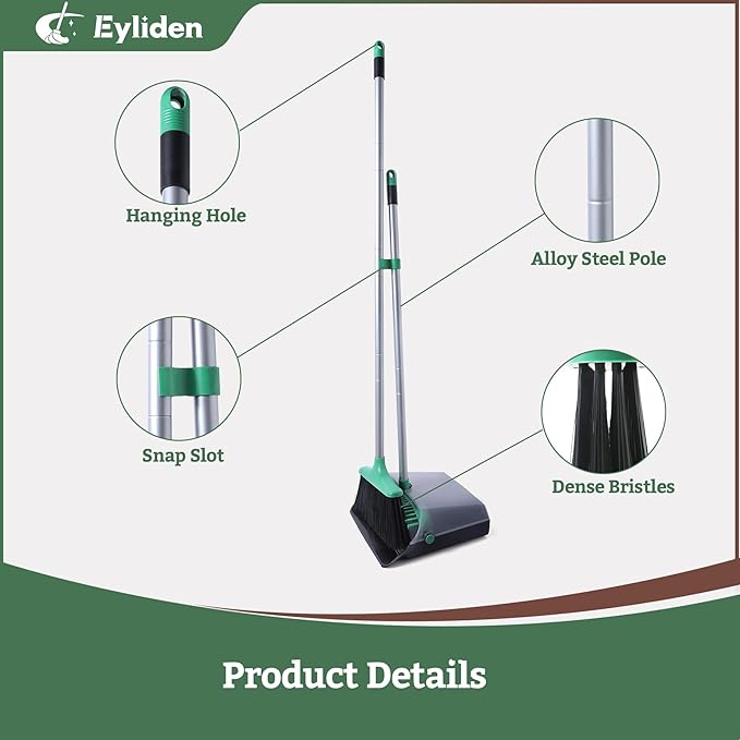 Eyliden Broom with Dustpan Combo Set - Stand-Up Dustpan, Self-Cleaning Comb, 4-Row Dense Bristles - Sweeper Brooms and Dustpan for Home, Office, Lobby, Shop, Classroom, Dorm Room (Black & Green)