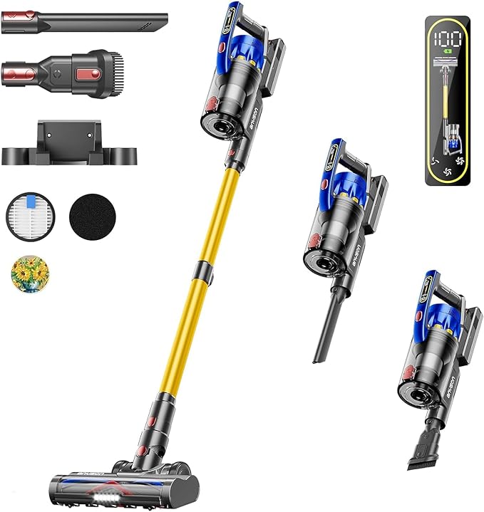 Cordless Vacuum Cleaner, 600W 50KPA 70Mins Vacuum Cleaners for Home, Self-Standing Stick Vacuum with Removable Battery, Wall Mount Charging, Anti-Tangle Roller Brush for Pet Hair, Carpet, All Floors