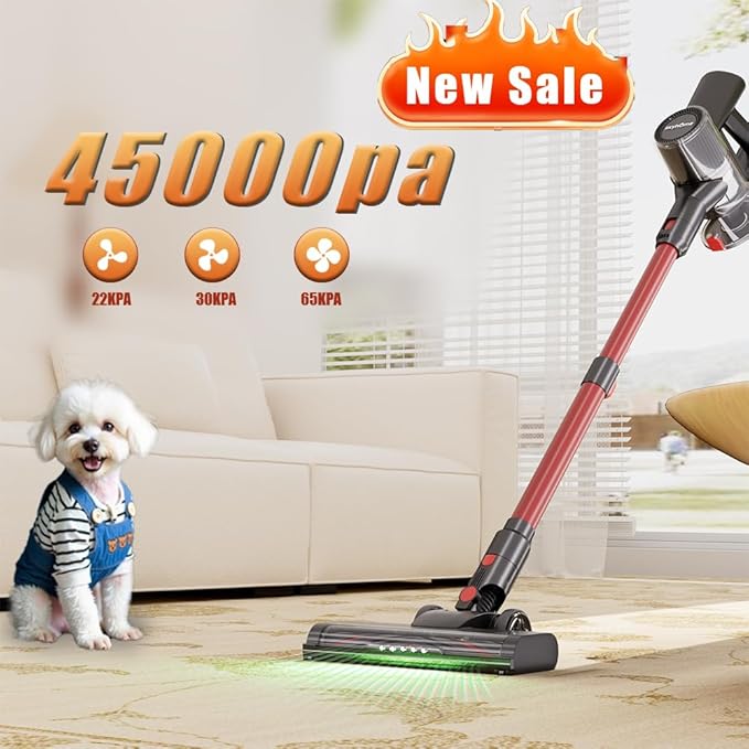 Cordless Vacuum Cleaner for Home, 6-in-1 Lightweight 45KPa Powerful Suction of 45-Min Runtime, Upgrated Green Light Dust Detection for Hard Floors/Carpets/Pet Hair