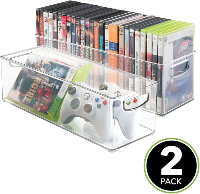 mDesign Household Storage Bin for DVDs, PS4 and Xbox Video Games - Pack of 2, Large, Clear
