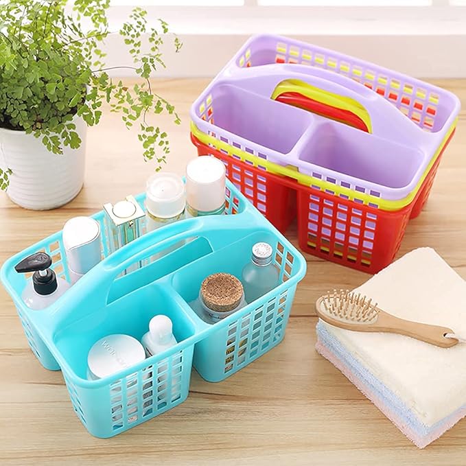 ALINK Plastic Shower Caddy Basket with Compartments, Portable Divided Cleaning Supply Storage Organizer with Handle for College Dorm Bathroom -Blue