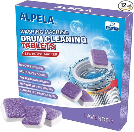Washing Machine Cleaner Descaler | Deep Cleaning Tablets For HE Front & Top Load Washer, Septic Safe Eco-Friendly Deodorizer, Clean Inside Drum and Laundry Tub Seal (Lavender Scent - 12 Count)