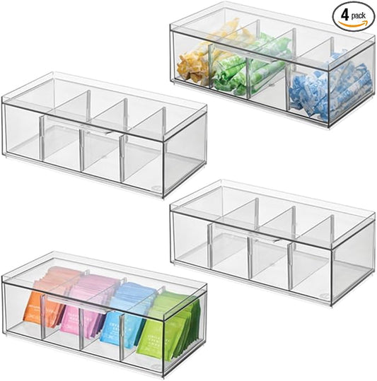 iDesign XL Storage Drawer Organizer for Counter or Cabinet, 4-Section, Clear, 4-Pack