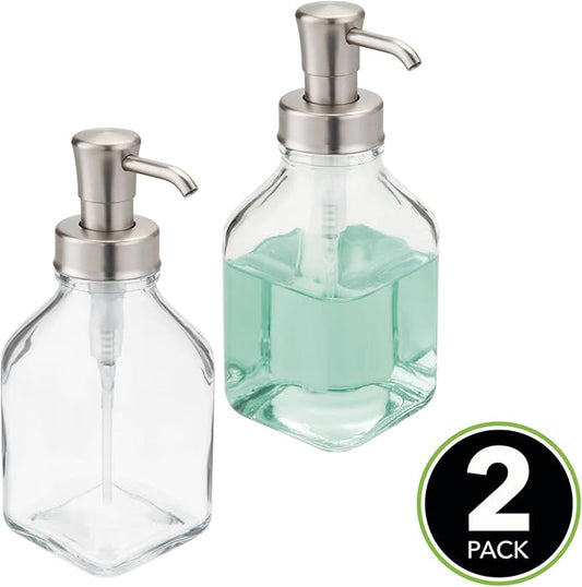 mDesign Square Glass Refillable Liquid Soap Dispenser Pump Bottle for Bathroom Vanity Countertop, Kitchen Sink - Holds Hand Soap, Dish Soap, Hand Sanitizer, Essential Oils - 2 Pack - Clear/Brushed