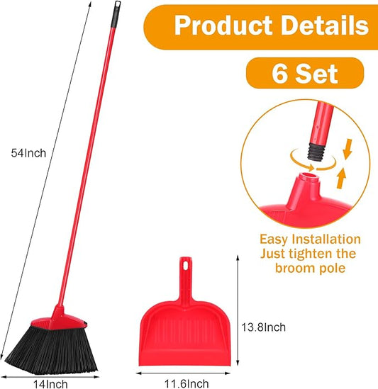 Maxcheck 6 Pcs Broom and Dustpan Set 54 Inch Heavy Duty Indoor Brooms with Dust Pan Combo Bulk for Commercial Shop Angle Home Office Lobby Kitchen(Red)